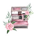 Vintage retro watercolor camera. Perfect for photography logo Royalty Free Stock Photo