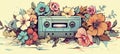 Vintage retro wave music cassette tape with intricate flower pattern in pastel colors