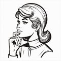 Vintage retro woman think wondering daydreaming simple line art black and white comic 03 Royalty Free Stock Photo