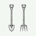 Vintage retro woodcut farmer garden tools shovel and pitchfork. Can be used like emblem, logo, badge, label. mark, poster or print