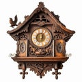 Vintage retro wooden with carved patterns cuckoo clock isolated Royalty Free Stock Photo