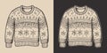 Vintage retro xmas christmas ugly cozy hipster sweater pullover cloth. Can be used for logo or decoration. Monochrome Graphic Art