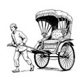 Vintage Rickshaw Illustration: Hand-Drawn Traditional Asian Pulled-Carriage with Driver Royalty Free Stock Photo