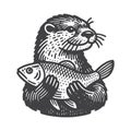 Vintage River Otter Holding Fish Retro Vector Icon Design. Royalty Free Stock Photo