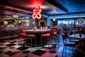 Vintage road cafe design interior with bar counter and neon lights. Generative AI