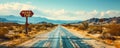 Vintage ROAD TRIP sign points towards a journey on an endless straight highway under a vast sky, invoking the spirit of Royalty Free Stock Photo