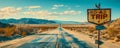 Vintage ROAD TRIP sign points towards a journey on an endless straight highway under a vast sky, invoking the spirit of Royalty Free Stock Photo