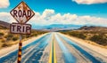 Vintage ROAD TRIP sign points towards a journey on an endless straight highway under a vast sky, invoking the spirit of Royalty Free Stock Photo