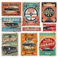 Vintage road vehicle repair service, garage and car mechanic advertising vector metal signs