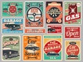 Vintage road vehicle repair service, gas station, car garage vector signs