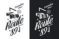 Vintage roadster car black and white isolated vector logo.