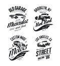 Vintage roadster, custom hot rod and muscle car vector tee-shirt logo isolated set Royalty Free Stock Photo