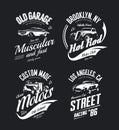 Vintage roadster, custom hot rod and muscle car vector tee-shirt logo isolated set.