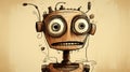 Vintage Robot Head: A Humorous Caricature Illustration On Brown Background