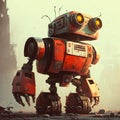 Vintage robot on industrial background, little funny rusty robot, illustration, generative AI