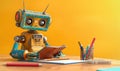 Vintage robot with notebook and pencils on wooden table over yellow background