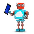 Vintage robot with tablet and cloud symbol. Technology concept. Isolated. Contains clipping path