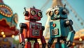 Vintage robot toys stand near amusement park fair. Colorful robots display retro design. Funfair background includes carousel.