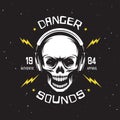 Vintage rock music related t-shirt graphics. Danger sounds. Authentic apparel.