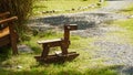 Vintage rocking horse on a window background, garden outside Royalty Free Stock Photo