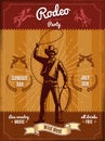 Vintage rodeo poster with cowboy throwing lasso and wild west elements