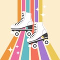 Vintage roller skates on a rainbow background. Retro icon, illustration in flat cartoon style.