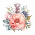 Delicate Flower Adorned Perfume Bottle: Watercolor Portraits Illustration Clipart, Generative AI