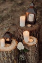 Vintage romantic candles decor. Toned and noise image.