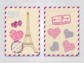 Vintage romantic envelopes with Eiffel tower and love stamps Royalty Free Stock Photo