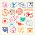 Vintage romantic postal stamps. Vector love elements for scrapbook or letters design Royalty Free Stock Photo