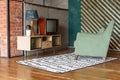 Vintage room with carpet, old fashioned armchair, retro tv, tv stand, vase and standart lamp. Retro interior