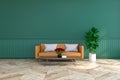 Vintage room interior design, brown leather sofa on wood flooring and deep green wall /3d render Royalty Free Stock Photo