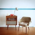 Vintage room with old fashioned armchair, retro radio turntable, telephone and standart lamp. Interior of 20th century