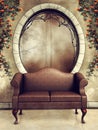 Ornamented window and vintage sofa