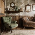 Vintage room with wallpaper and old fashioned armchair Rustic interior design Royalty Free Stock Photo