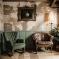 Vintage room with wallpaper and old fashioned armchair Rustic interior design Royalty Free Stock Photo