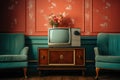 Vintage room with wallpaper, old fashioned armchairs and retro tv