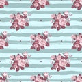 Vintage roses pattern Hand-drawn monochrome roses on a pastel blue striped background, Vector flower pattern seamless Royalty Free Stock Photo