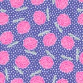 Vintage Roses seamless pattern. Pink Garden Flowers on Very Peri Violet polka dots background. Floral vector fashion print
