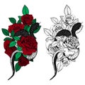 Vintage roses and snakes. Set of gothic tattoos. Collection of graphic and color isolated illustrations Royalty Free Stock Photo