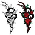 Vintage roses and snakes. Set of gothic tattoos. Collection of graphic and color isolated illustrations Royalty Free Stock Photo