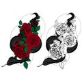 Vintage roses and snakes. Set of gothic tattoos. Collection of graphic and color isolated illustrations