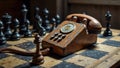 Vintage rotary phone on chessboard with chess pieces for strategic vibes Royalty Free Stock Photo