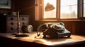 Vintage Rotary Phone on Wooden Desk with Blurred Office Scene