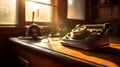 Vintage Rotary Phone on Wooden Desk with Blurred Office Scene