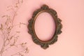 Vintage round bronze photo frame and dried twigs on pink background. Picture frame mockup.