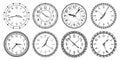 Vintage round clock face. Antique clocks with arabic numerals, retro watchface and antic watches vector illustration set