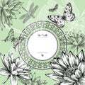 Vintage round frame with water lilies, butterflies Royalty Free Stock Photo
