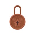 Vintage round-shaped padlock with ornamental engraving. Flat vector icon of brown antique hanging lock. Mystery or