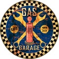Vintage route 66 garage workshop and gas station sign, grungy and weathered style, vector